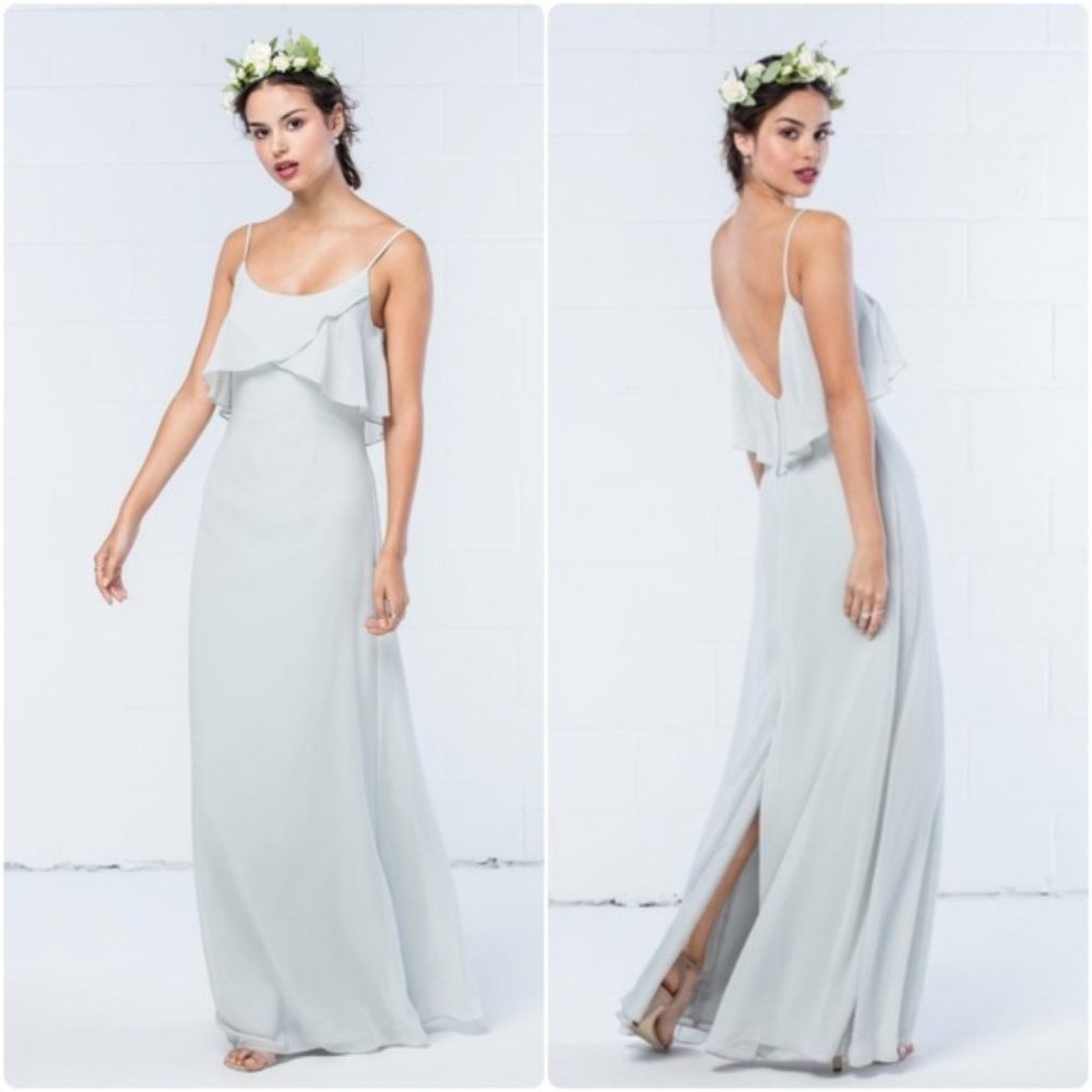 WTOO Ruffle Overlay Spaghetti Strap Chiffon Gown